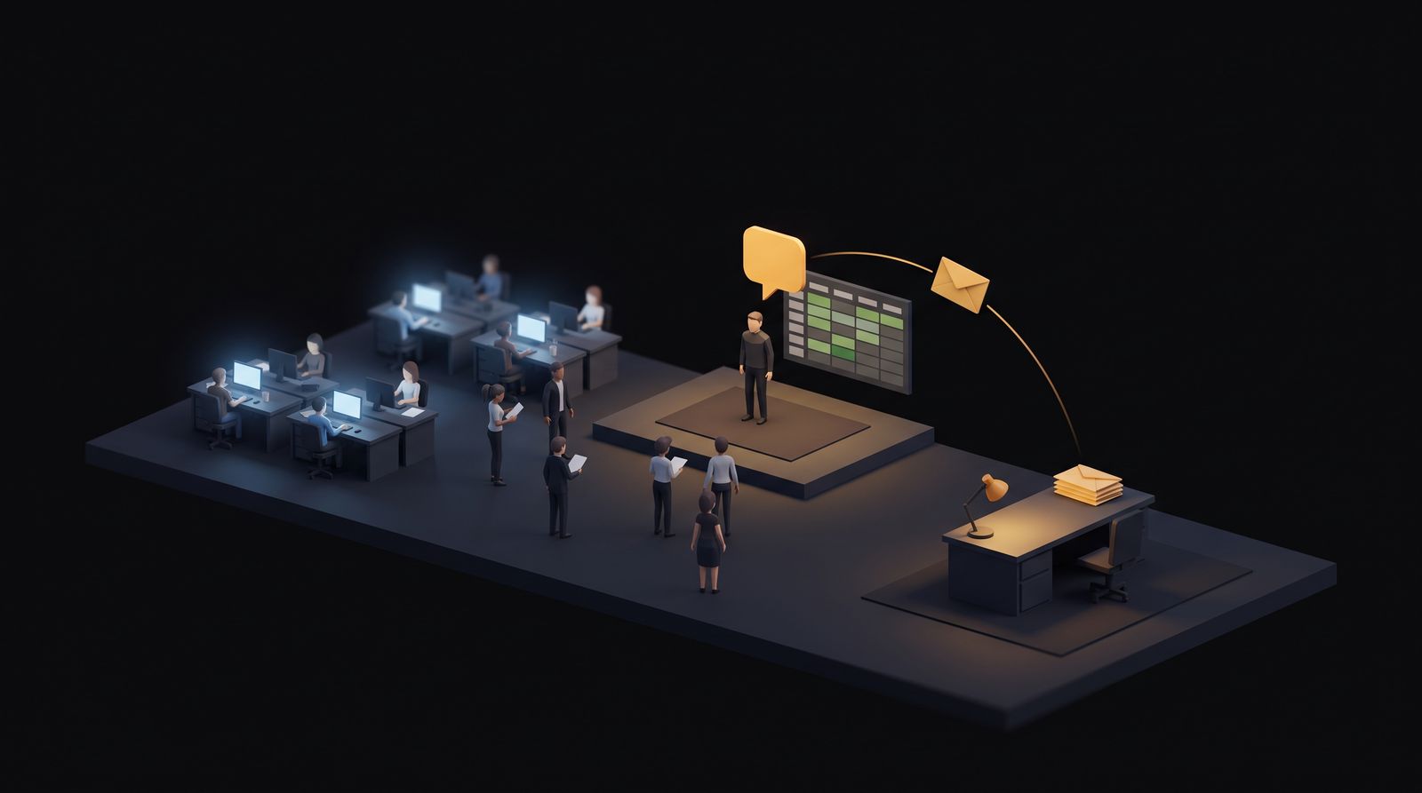 Illustration: an office seen from above, at night. Staff at their desks in front of blue screens, a platform with a mission board, and in the foreground the CEO's desk lit by an amber lamp.